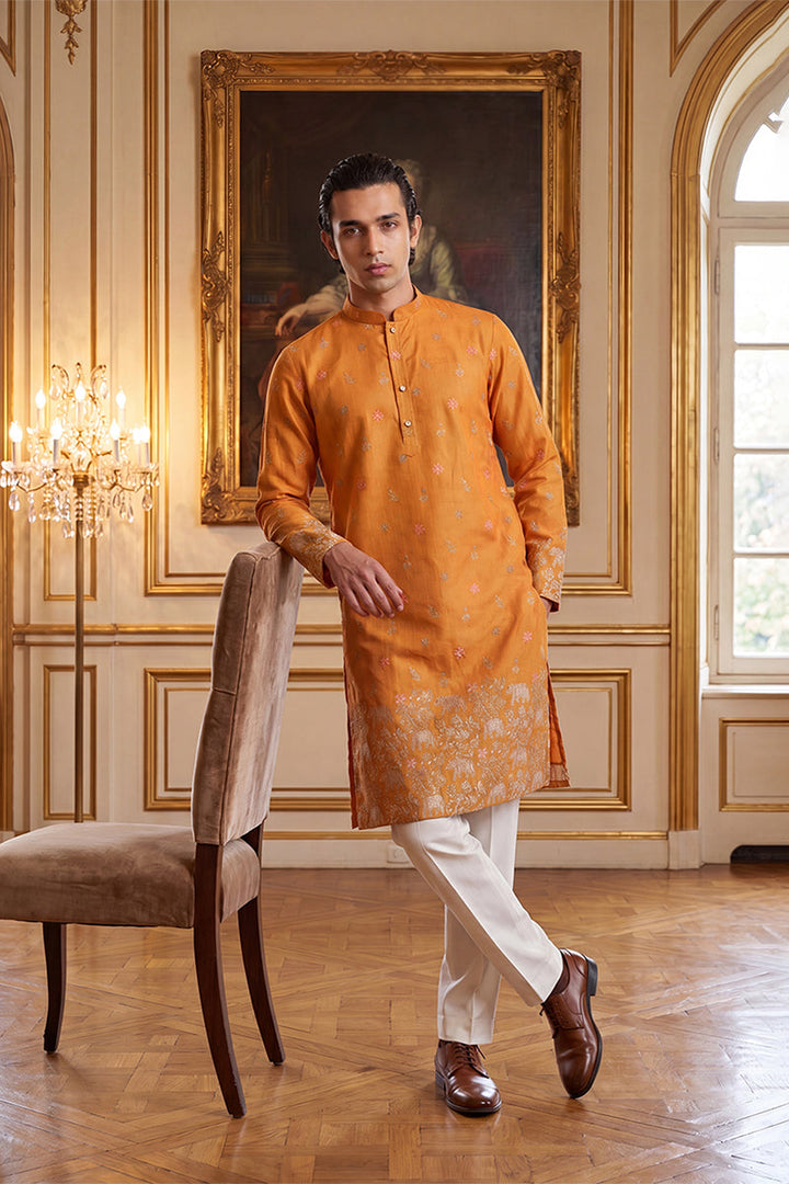 Mens Orange Silk Blend Woven Design Calf Length Straight Regular Kurta