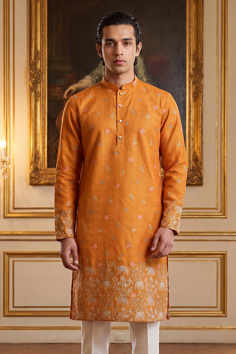 Mens Orange Silk Blend Woven Design Calf Length Straight Regular Kurta