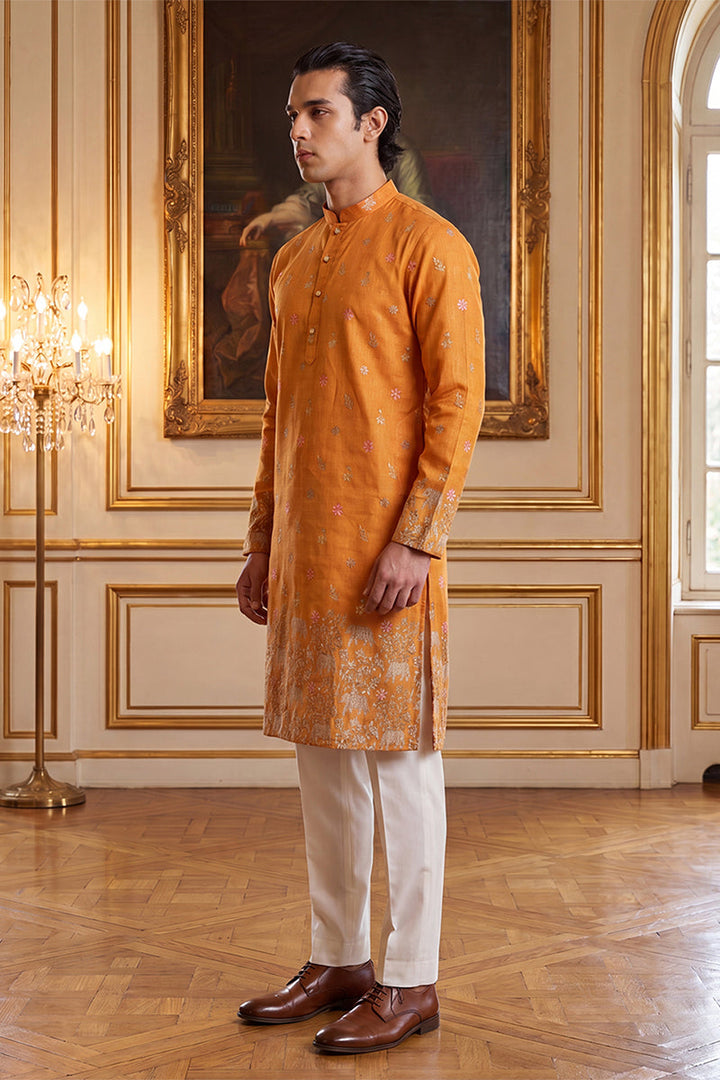Mens Orange Silk Blend Woven Design Calf Length Straight Regular Kurta