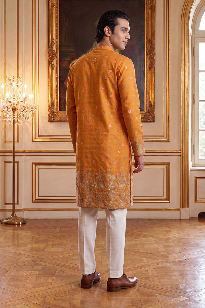 Mens Orange Silk Blend Woven Design Calf Length Straight Regular Kurta