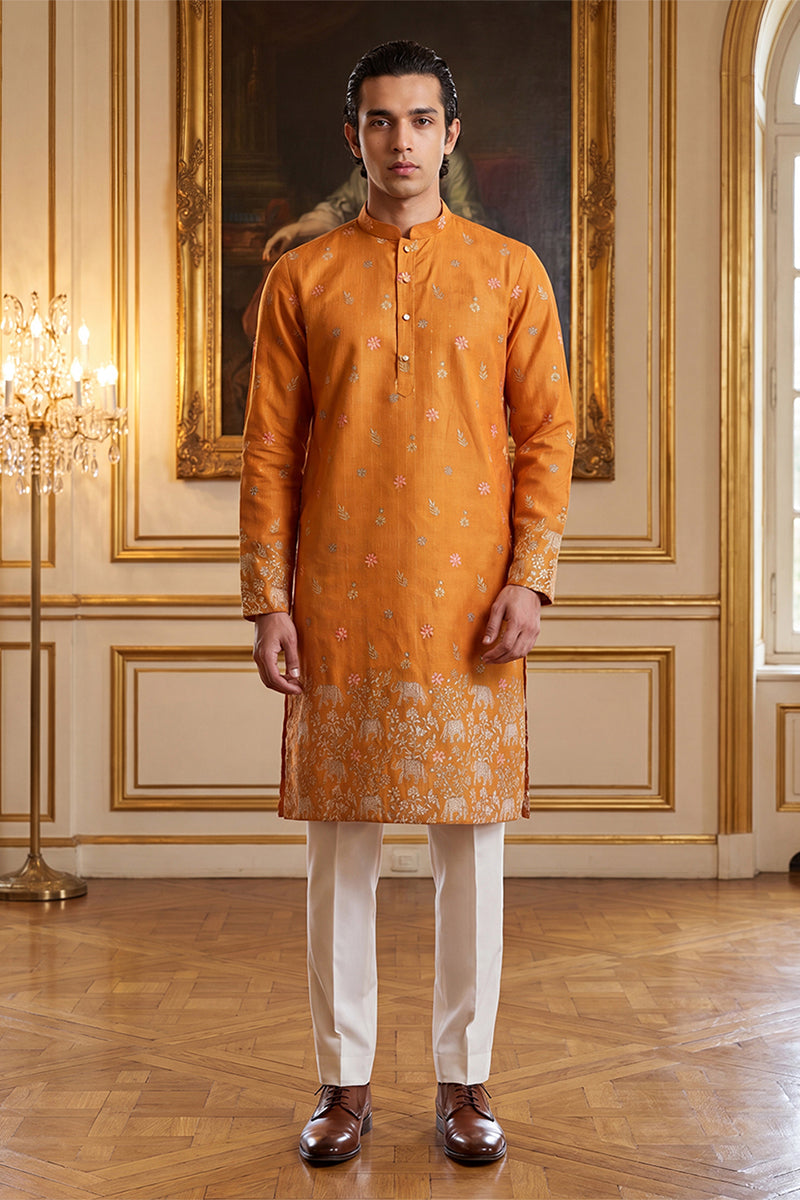 Mens Orange Silk Blend Woven Design Calf Length Straight Regular Kurta