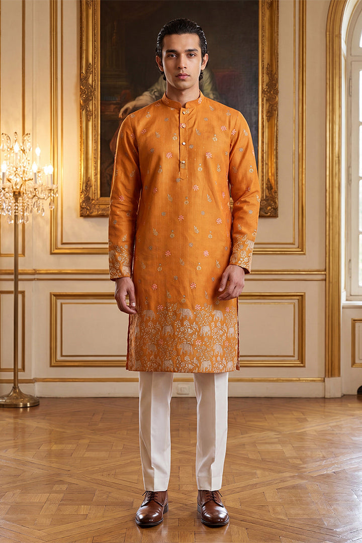 Mens Orange Silk Blend Woven Design Calf Length Straight Regular Kurta