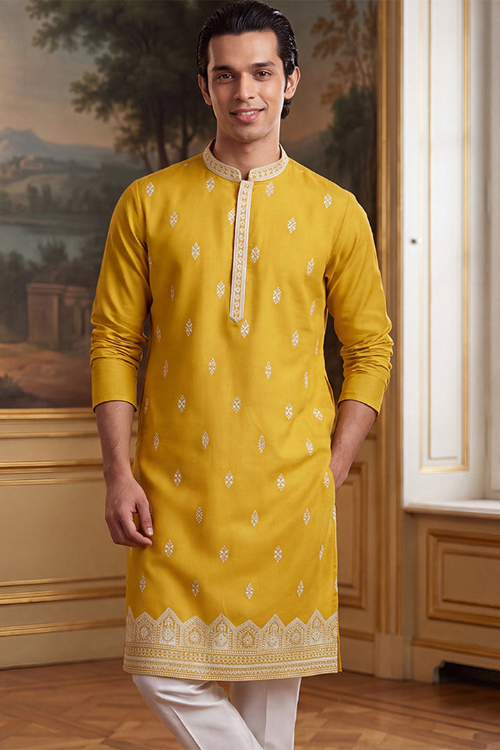 Mens Yellow Silk Blend Solid Embroidered Kurta