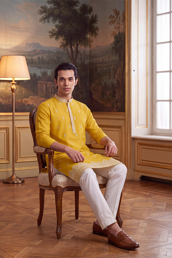 Mens Yellow Silk Blend Solid Embroidered Kurta
