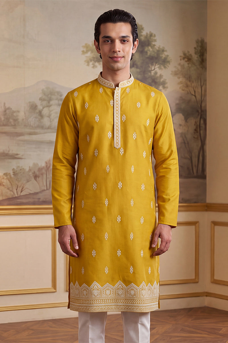 Mens Yellow Silk Blend Solid Embroidered Kurta