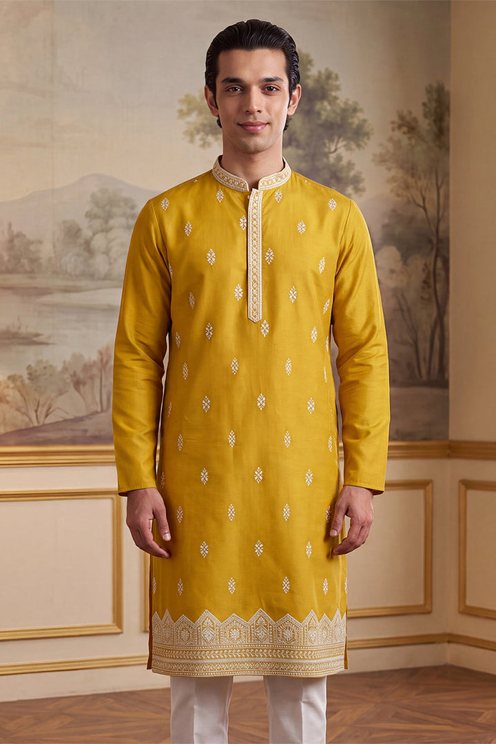 Mens Yellow Silk Blend Solid Embroidered Kurta