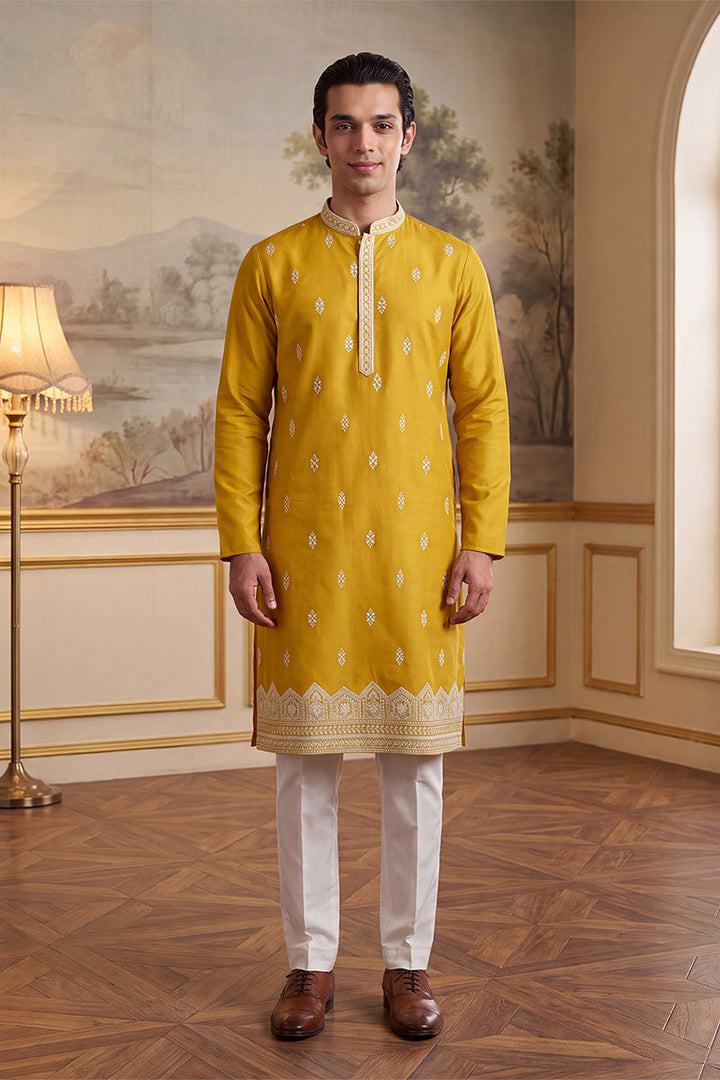 Mens Yellow Silk Blend Solid Embroidered Kurta