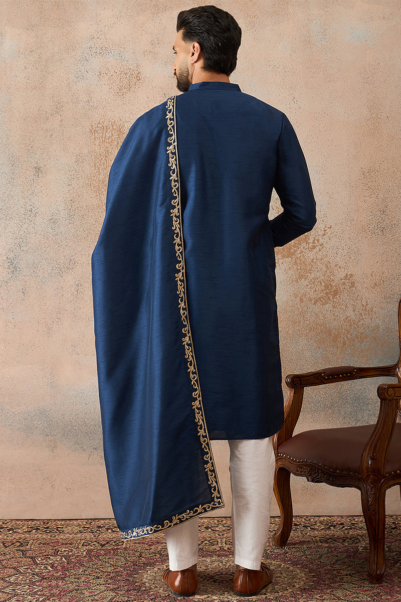 Mens Blue Silk Blend Solid Embroidered Kurta With Dupatta