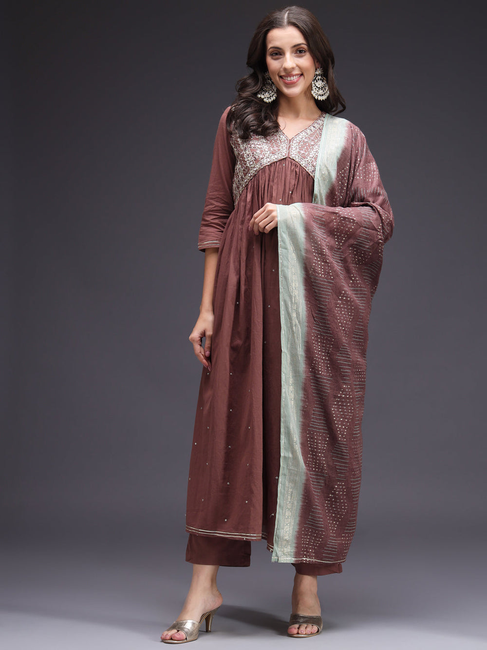 Brown-Silk-Blend-Yoke-Design-Mirror-Work-A-Line-3-Piece-Kurta-Set