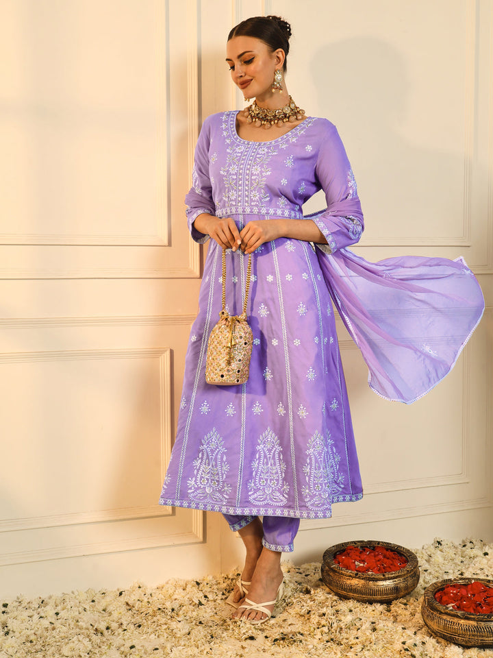 Purple-Viscose-Rayon-Chikankari-Embroidered-3-Piece-Kurta-Set