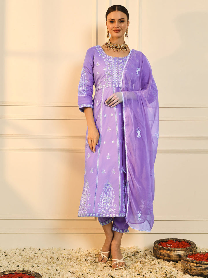 Purple-Viscose-Rayon-Chikankari-Embroidered-3-Piece-Kurta-Set