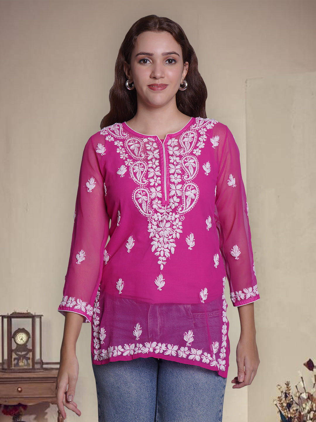 Magenta-Georgette-Chikankari-Short-Tunic-With-Slip