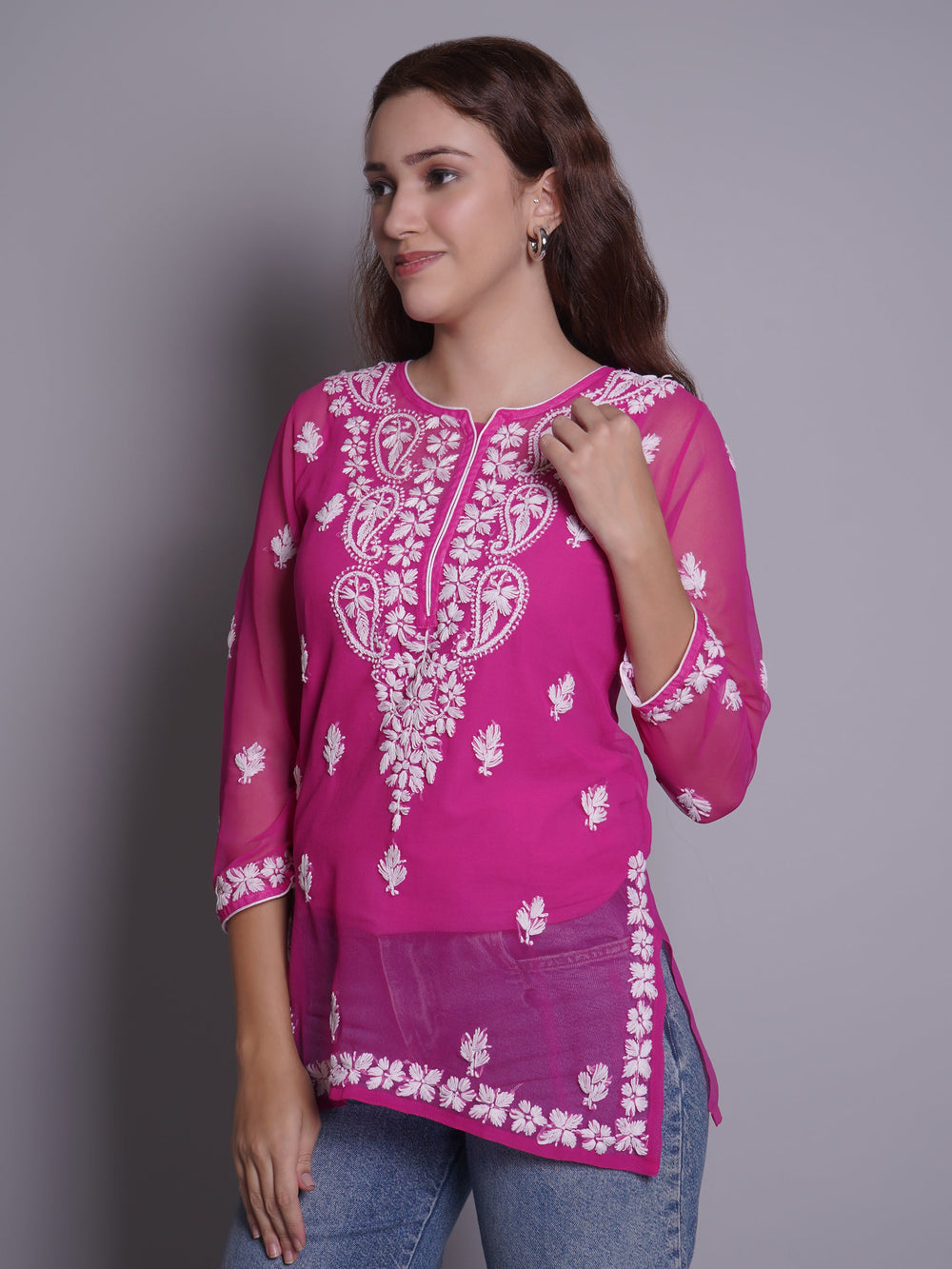 Magenta-Georgette-Chikankari-Short-Tunic-With-Slip