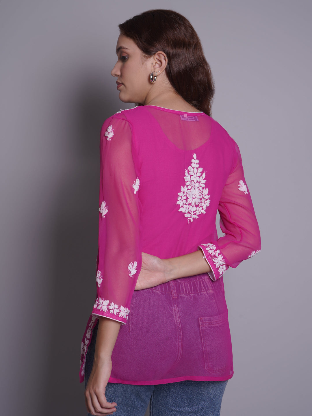 Magenta-Georgette-Chikankari-Short-Tunic-With-Slip