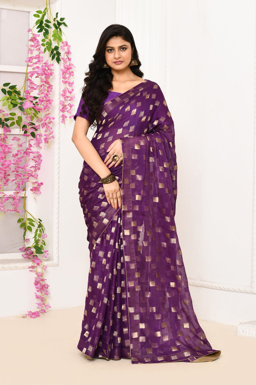 ZERESOUQ-Magenta-Jute-Upada-Golden-Checker-Pattern-Saree