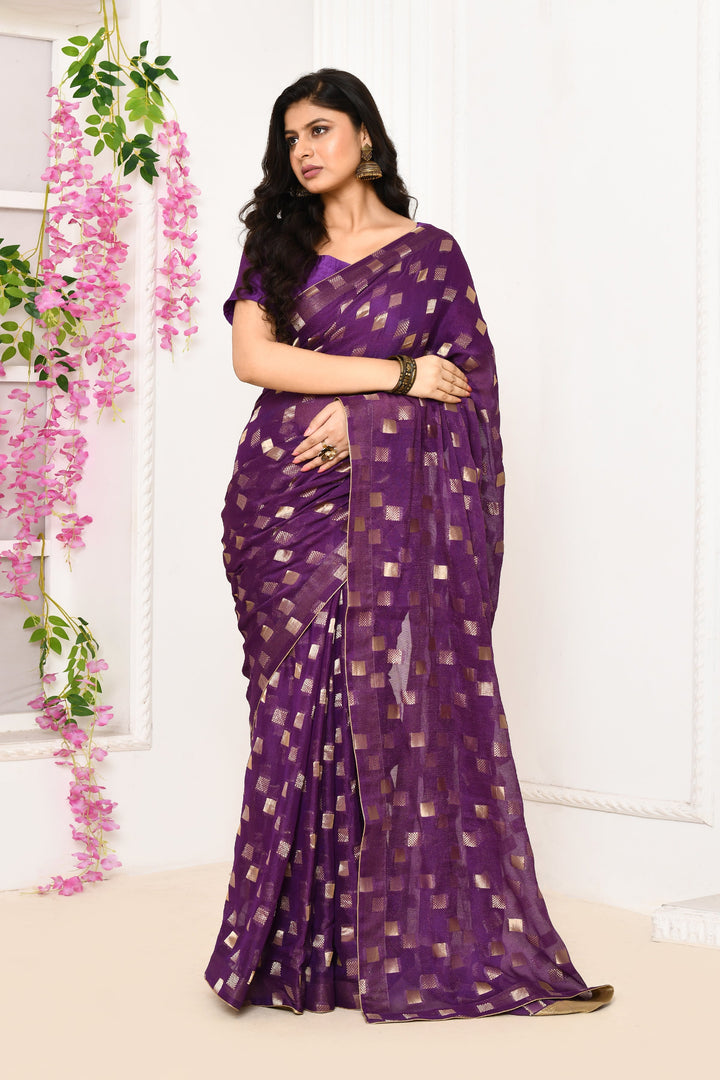 Magenta-Jute-Upada-Golden-Checker-Pattern-Saree