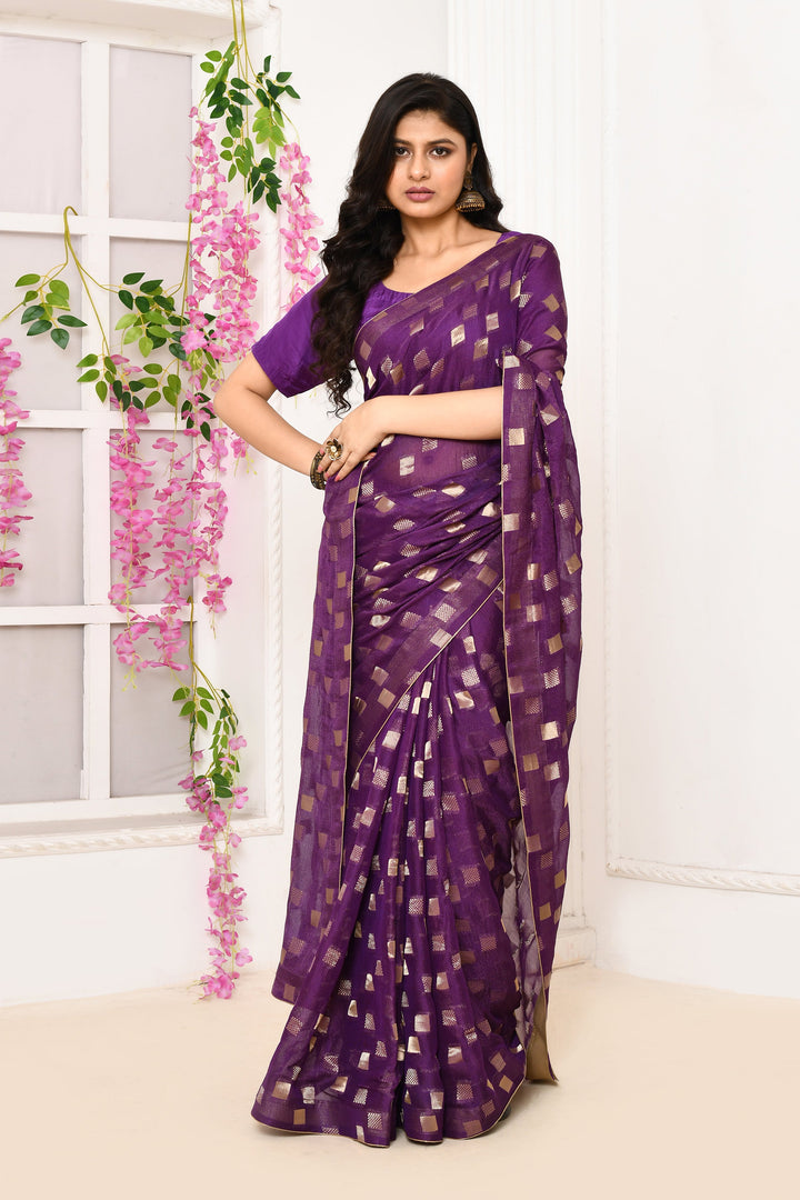 Magenta-Jute-Upada-Golden-Checker-Pattern-Saree