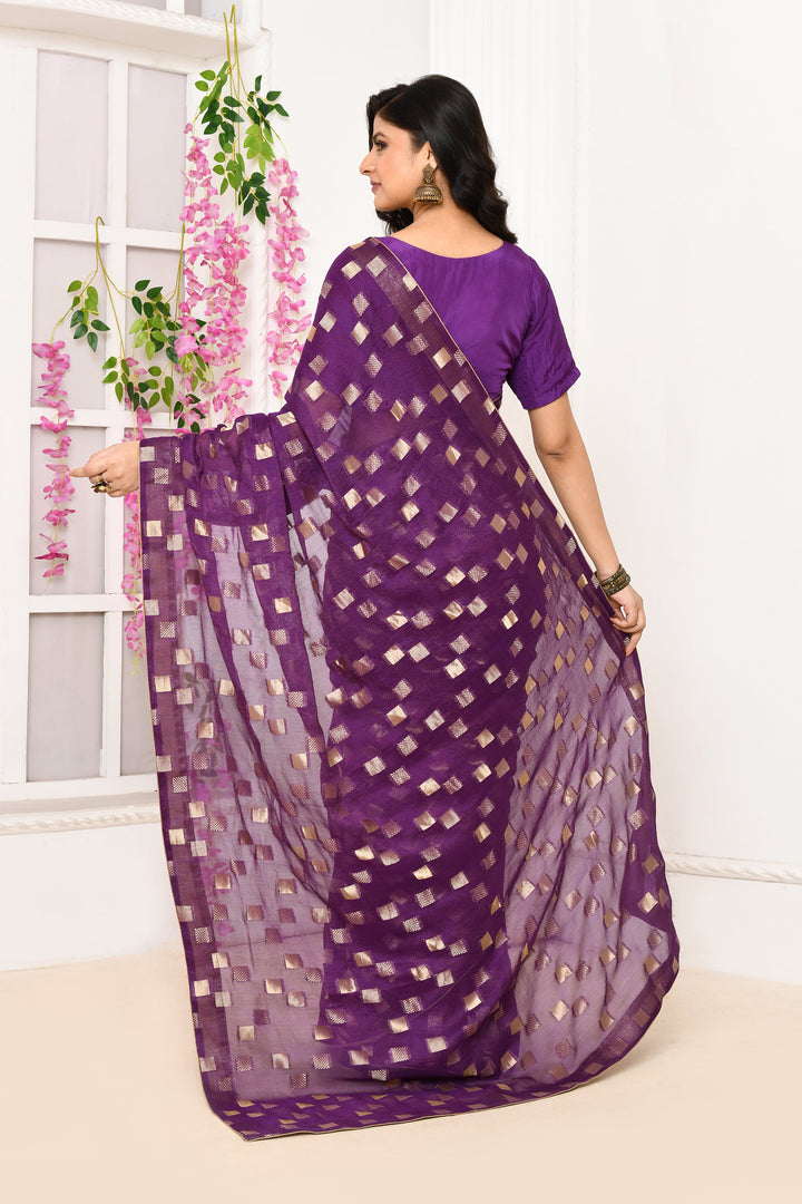 Magenta-Jute-Upada-Golden-Checker-Pattern-Saree