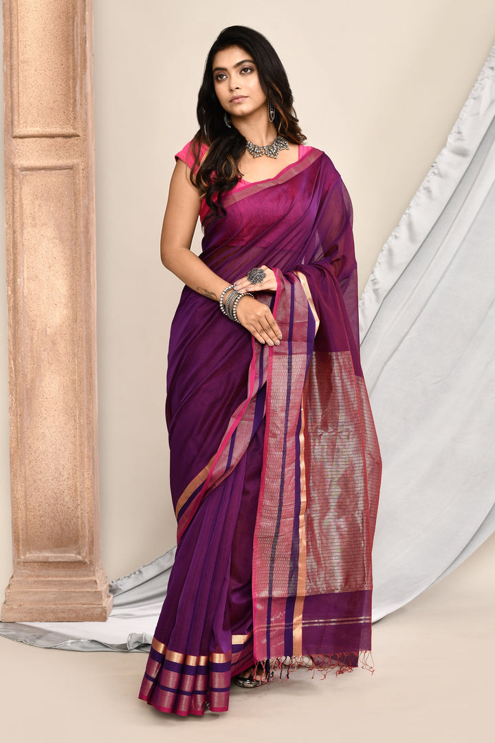 Magenta-Maheshwari-Saree-Double-Border-Saree