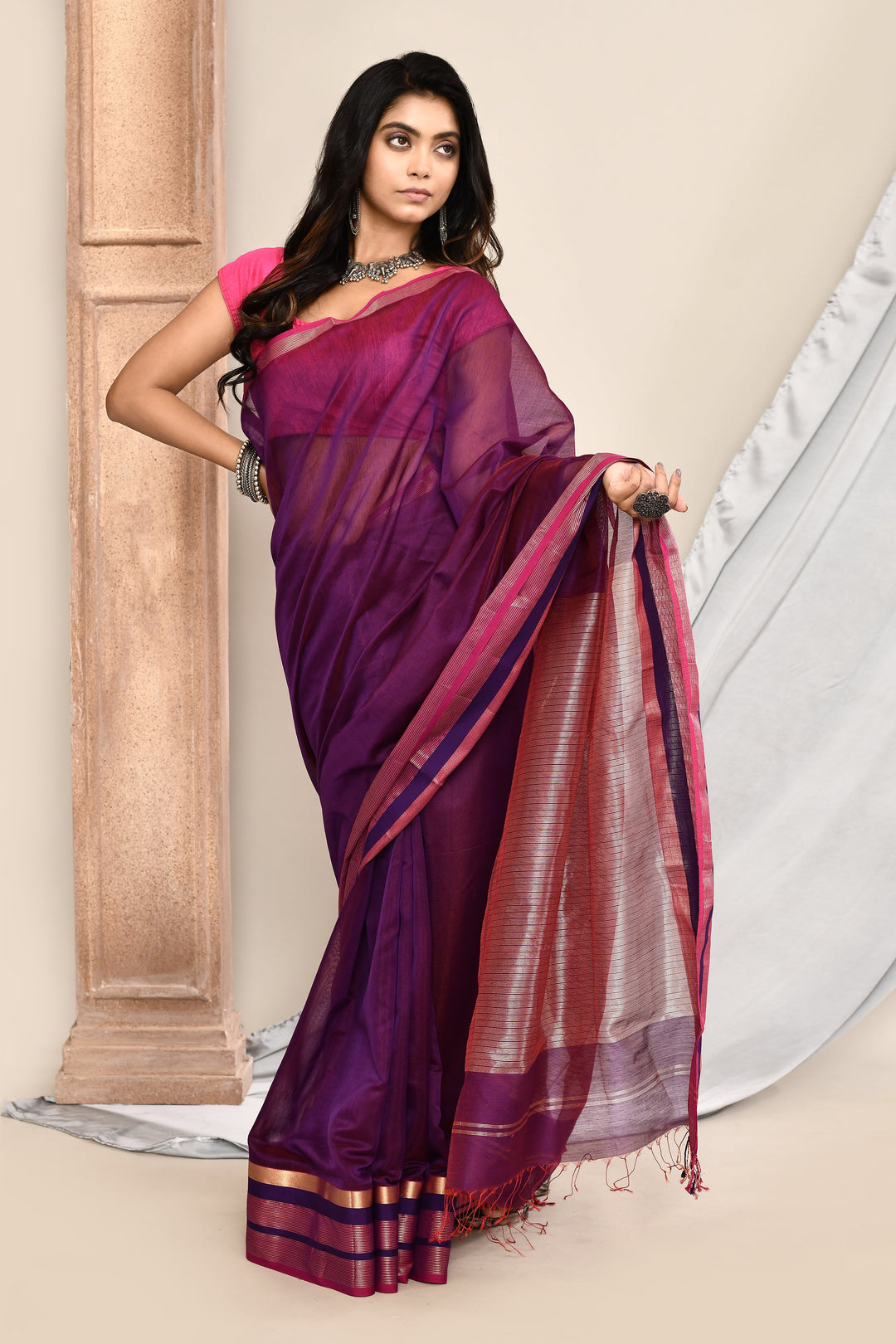 Magenta-Maheshwari-Saree-Double-Border-Saree