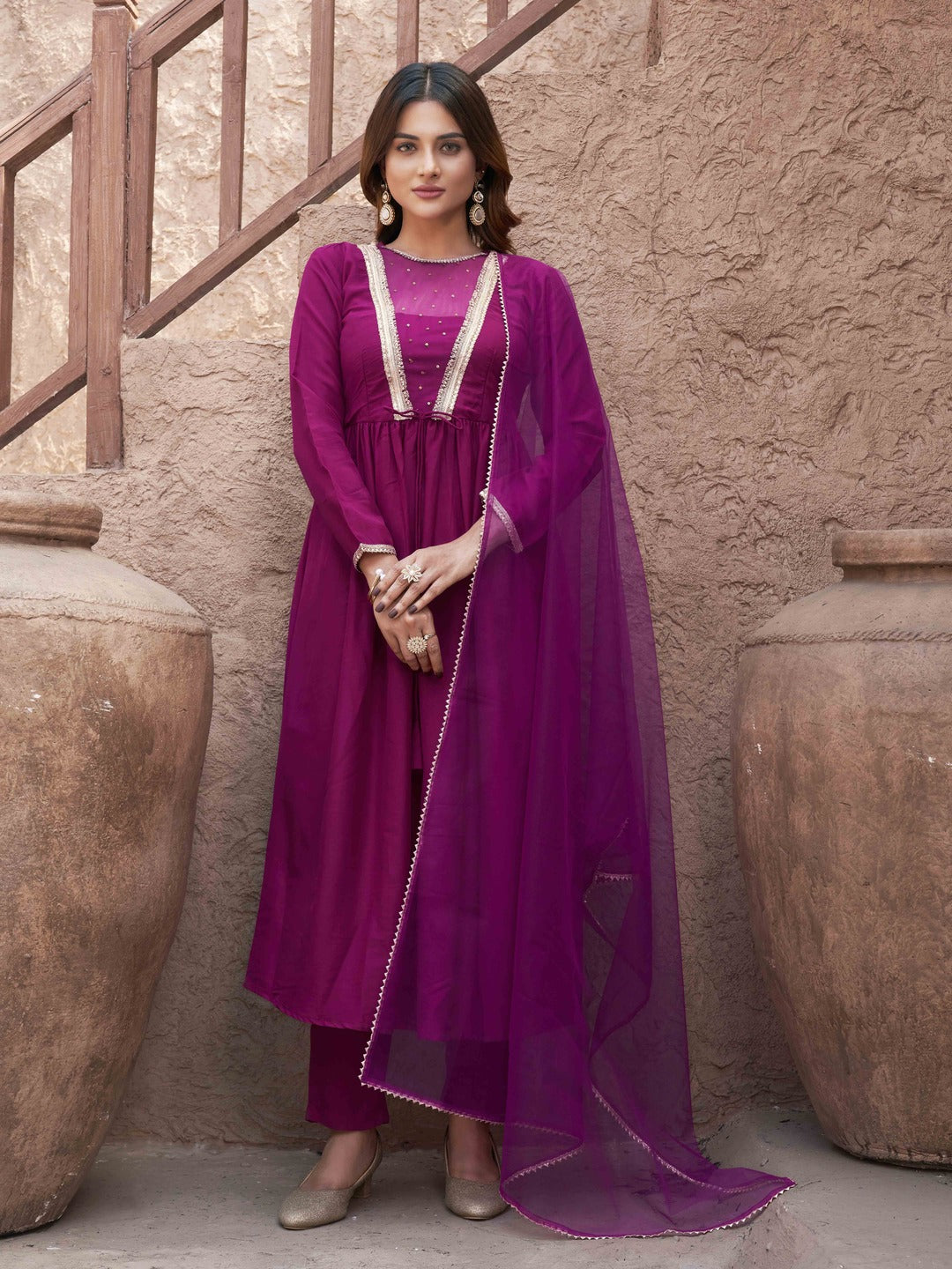 Magenta-Silk-Blend-Sequinns-Net-Patch-Gathered-3-Piece-Kurta-Set