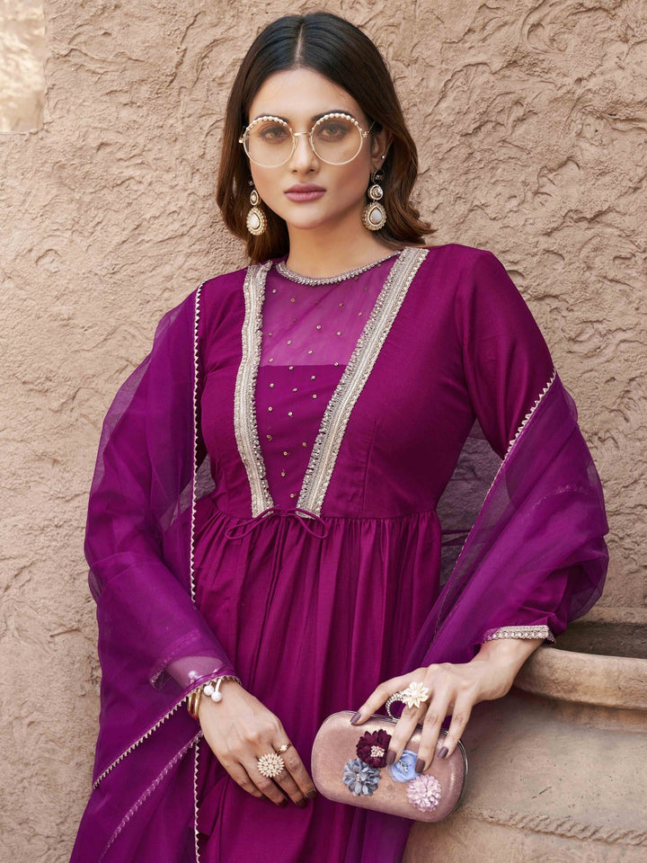 Magenta-Silk-Blend-Sequinns-Net-Patch-Gathered-3-Piece-Kurta-Set