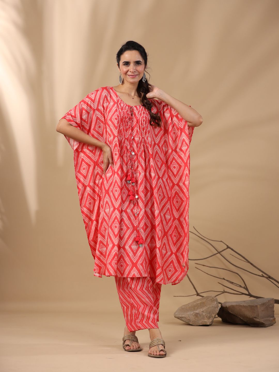 Malhari-Red-Muslin-Revati-Pintuck-Kaftan-2-Piece-Kurta-Set