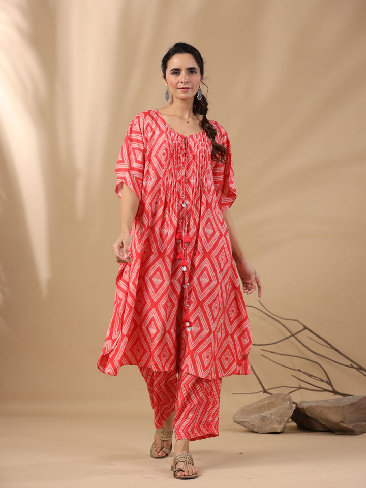 Malhari-Red-Muslin-Revati-Pintuck-Kaftan-2-Piece-Kurta-Set