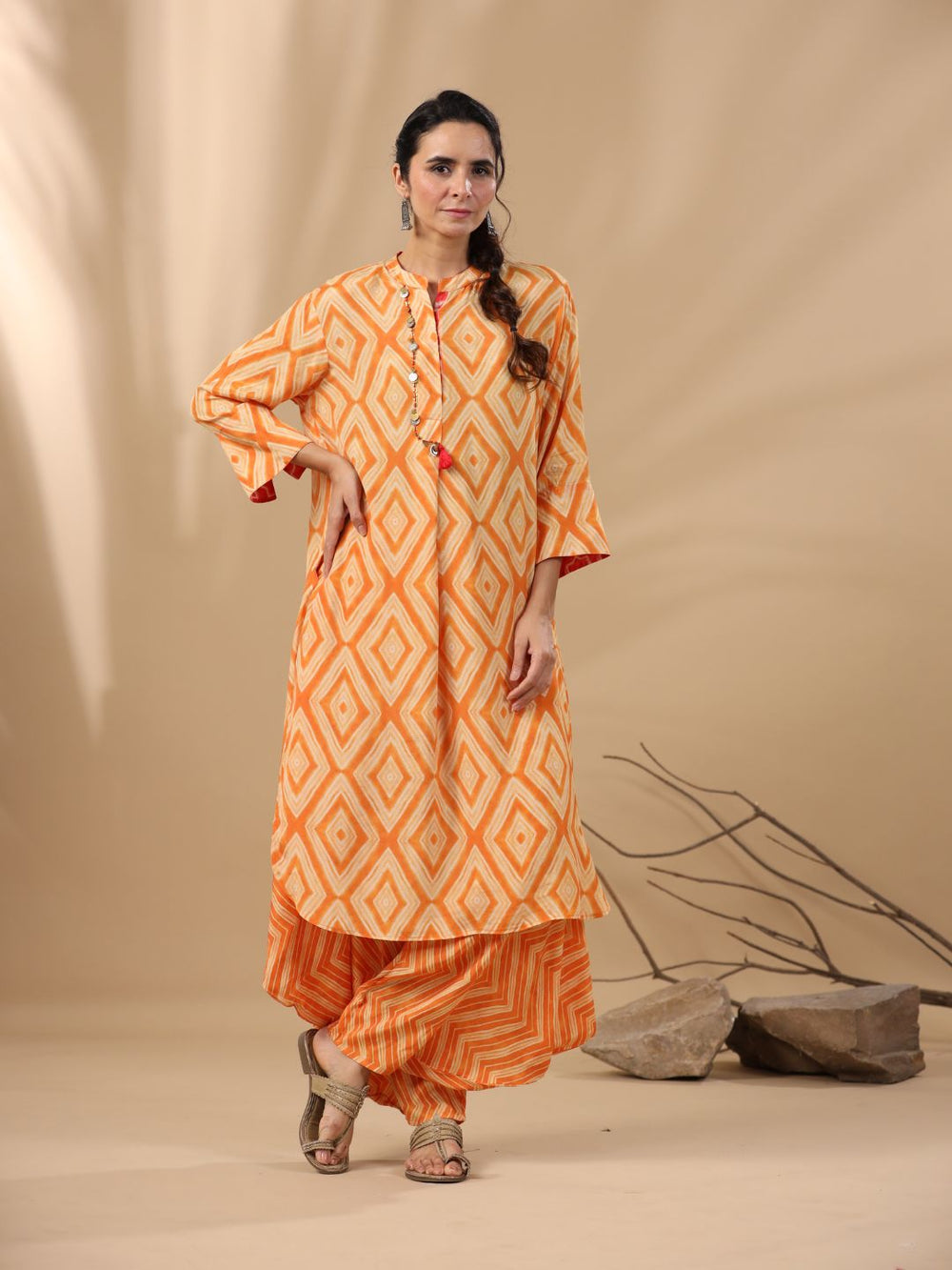 Malhari-Yellow-Muslin-Kasturi-Bandhani-2-Piece-Kurta-Set