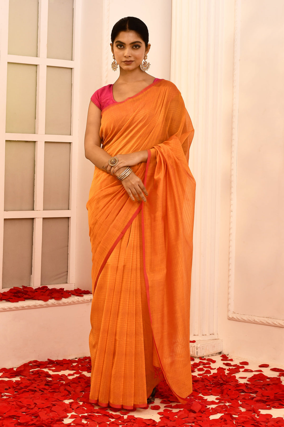 Mango-Yellow-Maheshwari-Contrast-Checks-Saree