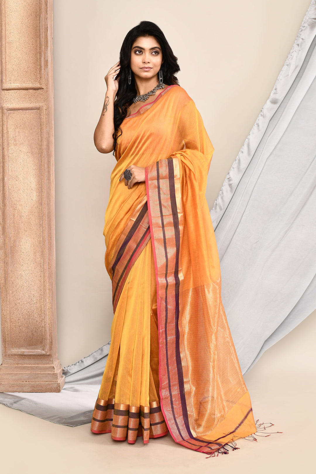 Mango-Yellow-Maheshwari-Saree-Double-Border-Saree