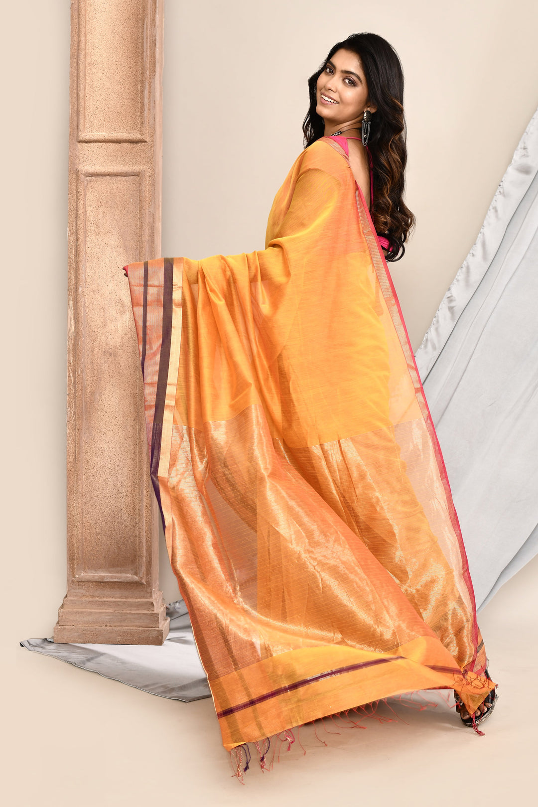 Mango-Yellow-Maheshwari-Saree-Double-Border-Saree