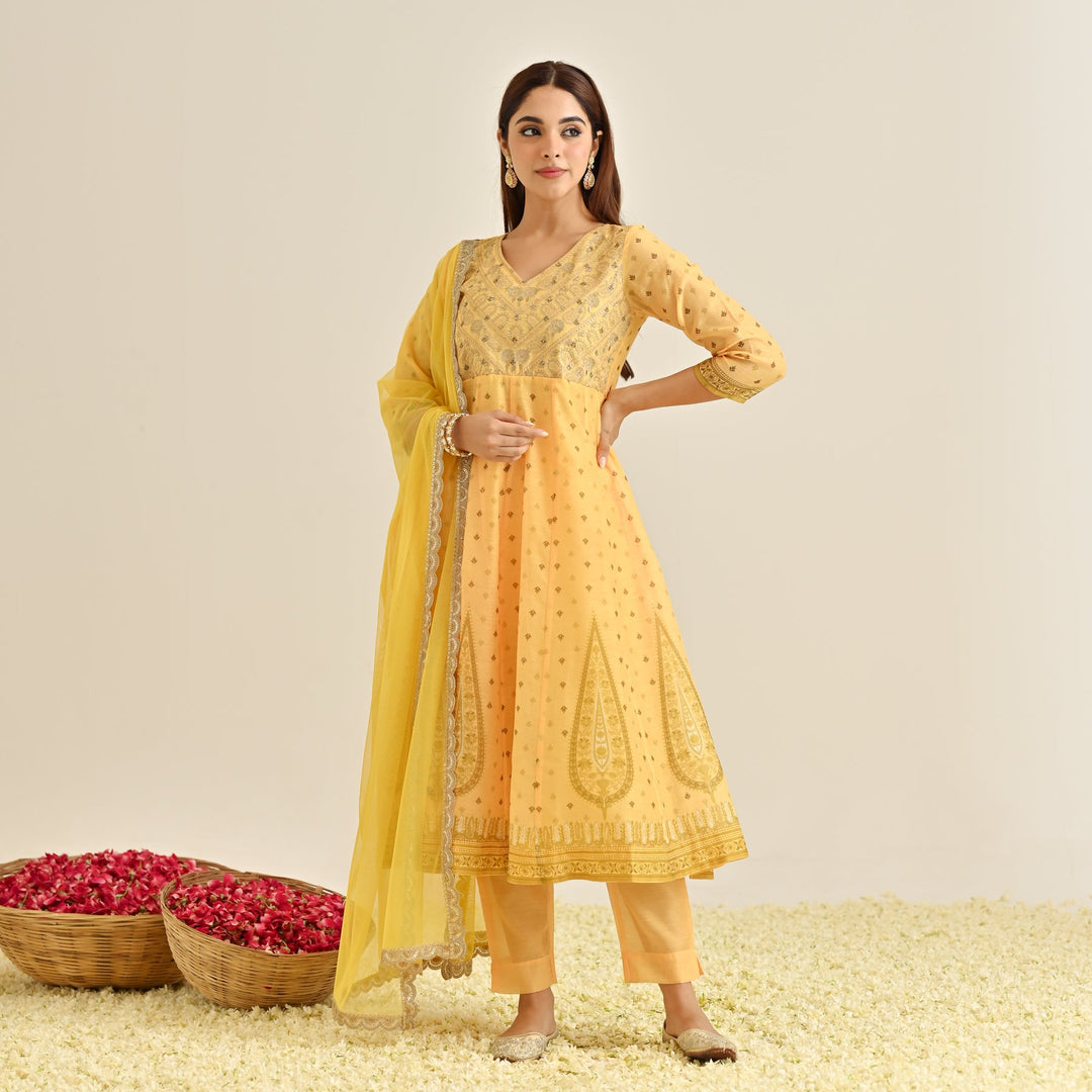 Mango-Yellow-Poly-Chanderi-Yoke-Embroidery-Anarkali-Set