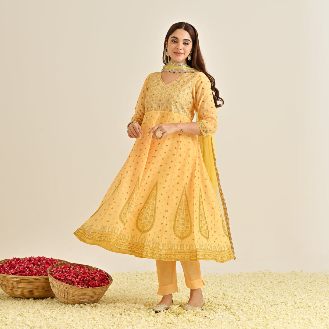 Mango-Yellow-Poly-Chanderi-Yoke-Embroidery-Anarkali-Set