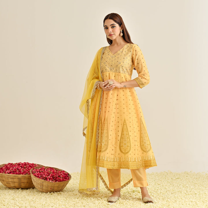 Mango-Yellow-Poly-Chanderi-Yoke-Embroidery-Anarkali-Set