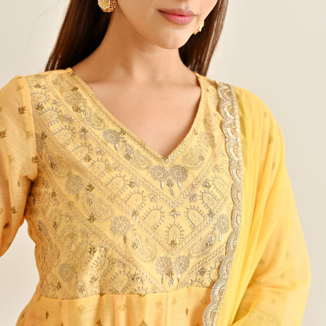 Mango-Yellow-Poly-Chanderi-Yoke-Embroidery-Anarkali-Set