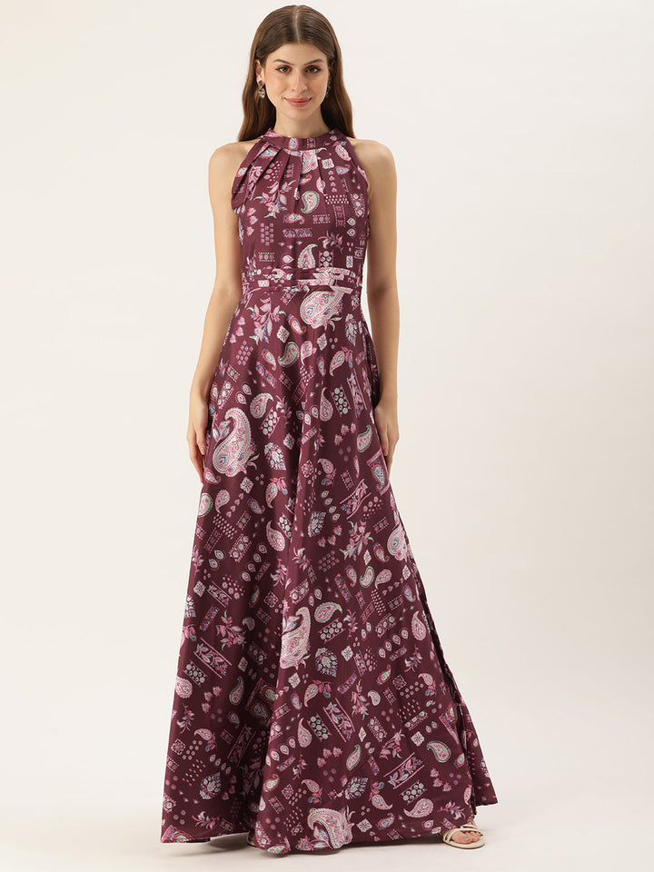 Maroon-Chinon-Halter-Neck-Digital-Printed-Gown