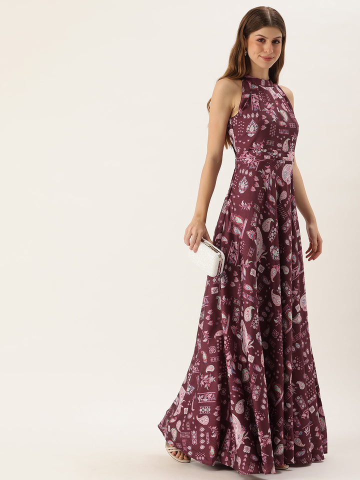 Maroon-Chinon-Halter-Neck-Digital-Printed-Gown