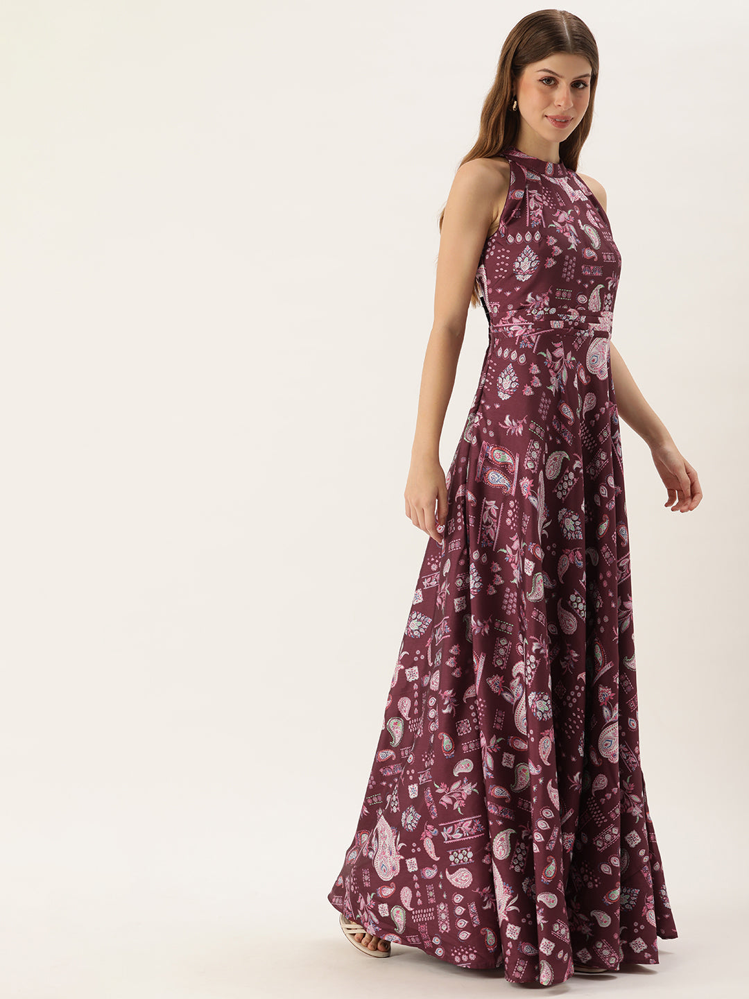 Maroon-Chinon-Halter-Neck-Digital-Printed-Gown