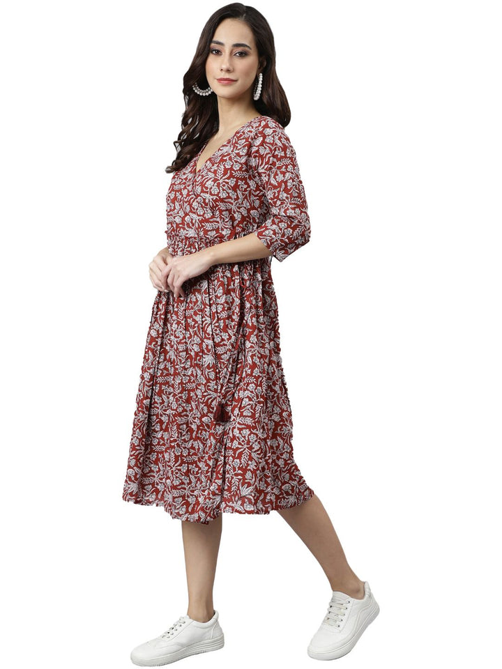 Maroon Cotton Angrakha Dress in White Florals