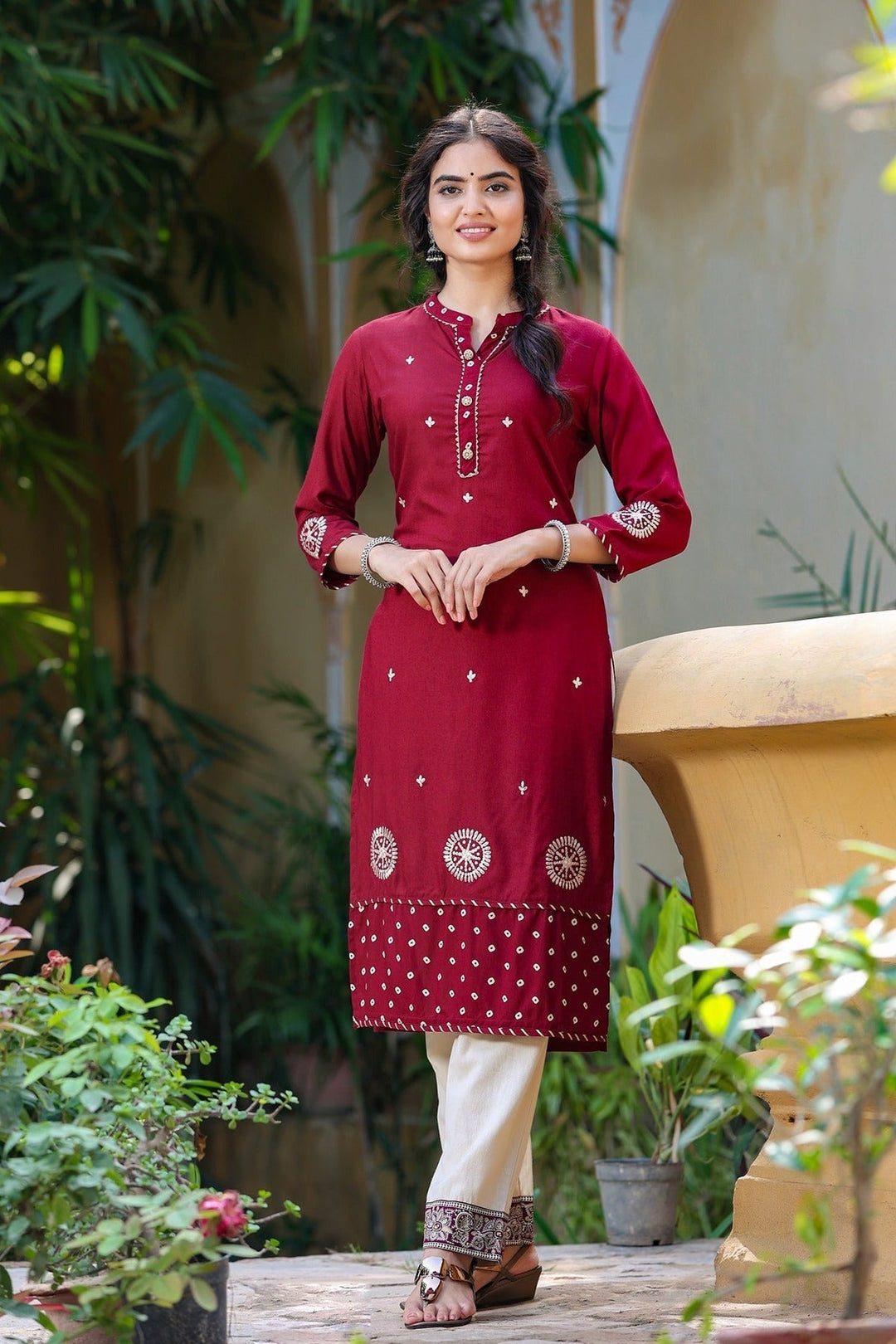 Maroon-Cotton-Embroidered-Straight-Kurta