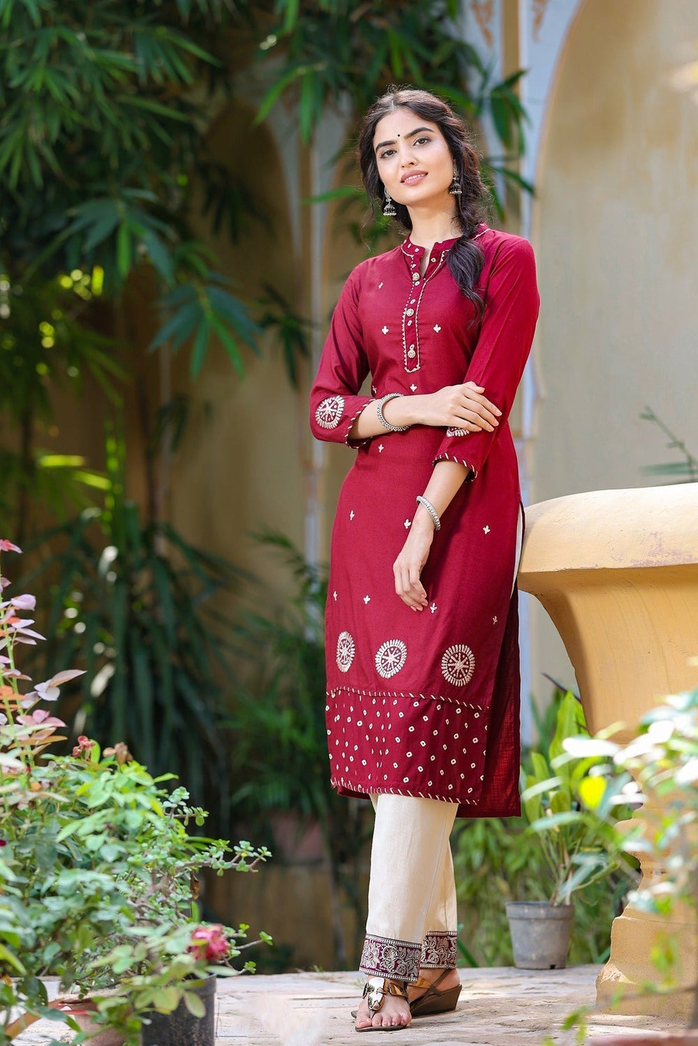 Maroon-Cotton-Embroidered-Straight-Kurta