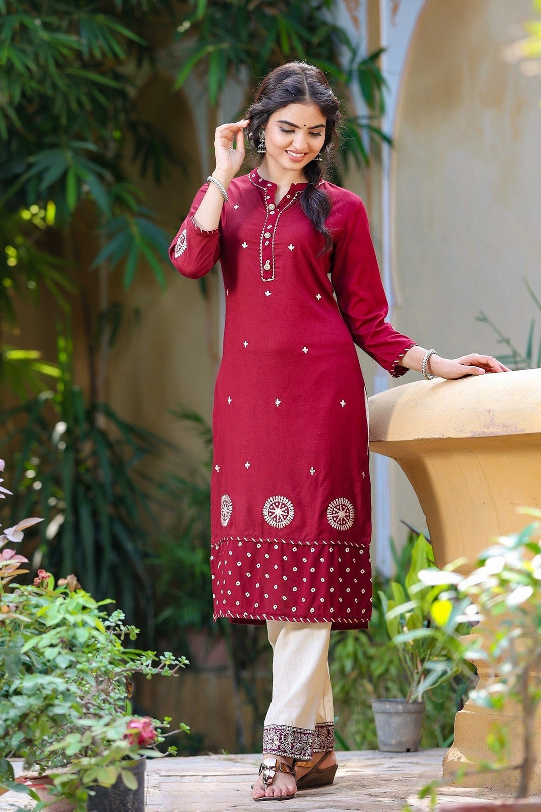 Maroon-Cotton-Embroidered-Straight-Kurta