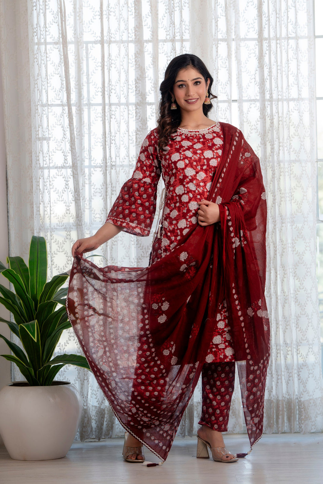 Maroon-Cotton-Floral-Printed-3-Piece-Kurta-Set