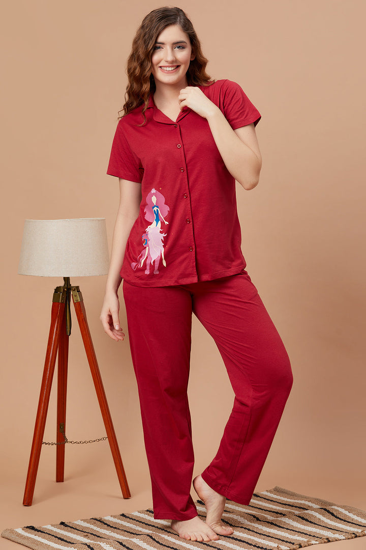 Maroon-Cotton-Leo-Print-Button-Down-Shirt-&-Pyjama-Set