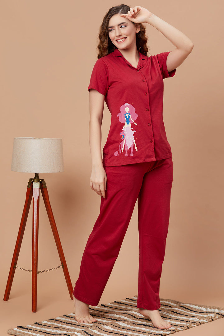 Maroon-Cotton-Leo-Print-Button-Down-Shirt-&-Pyjama-Set