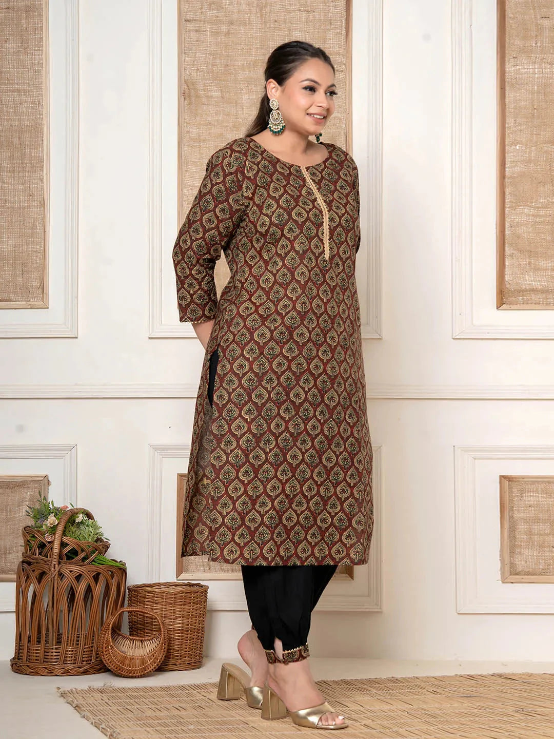 Maroon-Cotton-Printed-Plus-Size-2-Piece-Kurta-Set