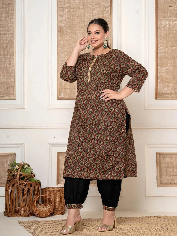 Maroon-Cotton-Printed-Plus-Size-2-Piece-Kurta-Set