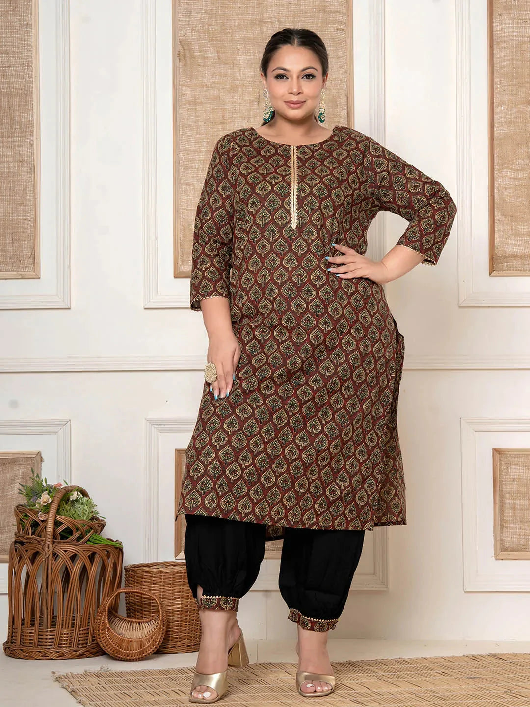 Maroon-Cotton-Printed-Plus-Size-2-Piece-Kurta-Set