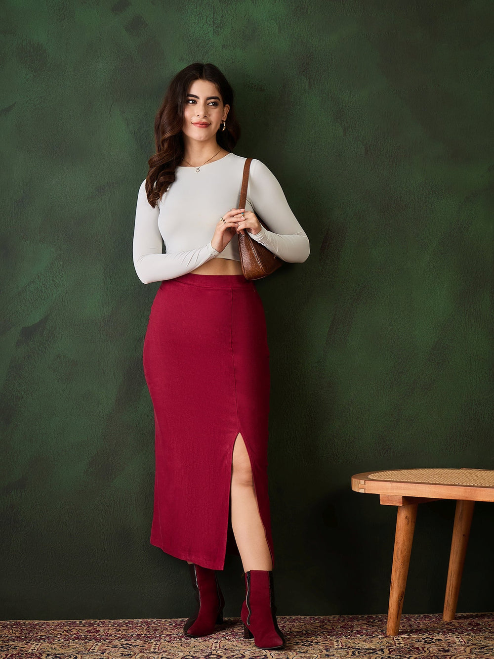 Maroon-Cotton-Suede-Skirt-With-Side-Slit